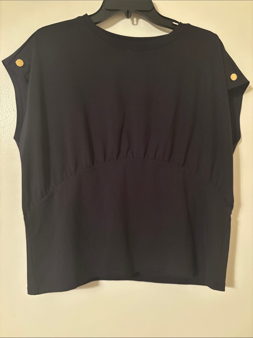 Nine West Black Short Sleeve Blouse with Gold Button Accents